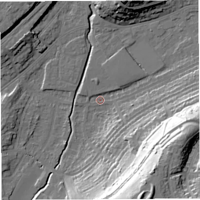 Shaded relief map of the ground around BS35LD, computed from Environment Agency LiDAR. The ground here sits at about 11 m above sea level and falls 54 m across the surrounding 800 m. Surface water reaching this point runs off ground lying to the south-south-east, 52.6 m higher.