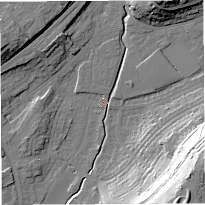 Shaded relief map of the ground around BS35LE, computed from Environment Agency LiDAR. The ground here sits at about 11 m above sea level and falls 54 m across the surrounding 800 m. Surface water reaching this point runs off ground lying to the south-east, 53.7 m higher.