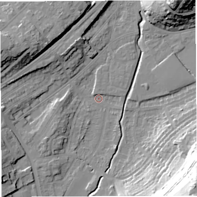 Shaded relief map of the ground around BS35LF, computed from Environment Agency LiDAR. The ground here sits at about 10 m above sea level and falls 52 m across the surrounding 800 m. Surface water reaching this point runs off ground lying to the south-east, 51.1 m higher.