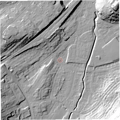 Shaded relief map of the ground around BS35LG, computed from Environment Agency LiDAR. The ground here sits at about 11 m above sea level and falls 41 m across the surrounding 800 m. Surface water reaching this point runs off ground lying to the south-east, 40.5 m higher.