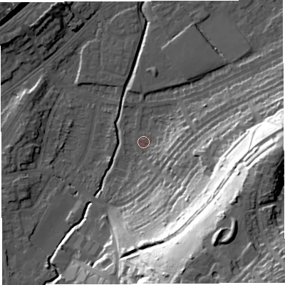 Shaded relief map of the ground around BS35LH, computed from Environment Agency LiDAR. The ground here sits at about 11 m above sea level and falls 59 m across the surrounding 800 m. Surface water reaching this point runs off ground lying to the east-south-east, 5.8 m higher.