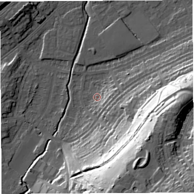 Shaded relief map of the ground around BS35LJ, computed from Environment Agency LiDAR. The ground here sits at about 12 m above sea level and falls 58 m across the surrounding 800 m. Surface water reaching this point runs off ground lying to the east-south-east, 7.1 m higher.