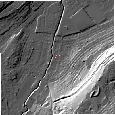 Shaded relief map of the ground around BS35LQ, computed from Environment Agency LiDAR. The ground here sits at about 11 m above sea level and falls 59 m across the surrounding 800 m. Surface water reaching this point runs off ground lying to the south-east, 53.8 m higher.