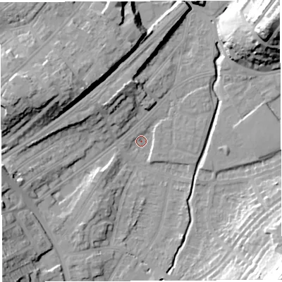 Shaded relief map of the ground around BS35NF, computed from Environment Agency LiDAR. The ground here sits at about 10 m above sea level and falls 33 m across the surrounding 800 m. Surface water reaching this point runs off ground lying to the south-east, 32.1 m higher.