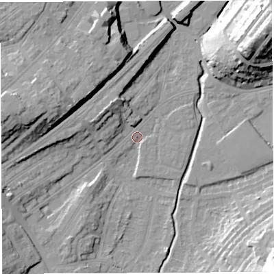 Shaded relief map of the ground around BS35NX, computed from Environment Agency LiDAR. The ground here sits at about 11 m above sea level and falls 32 m across the surrounding 800 m. Surface water reaching this point runs off ground lying to the west-south-west, 10.0 m higher.