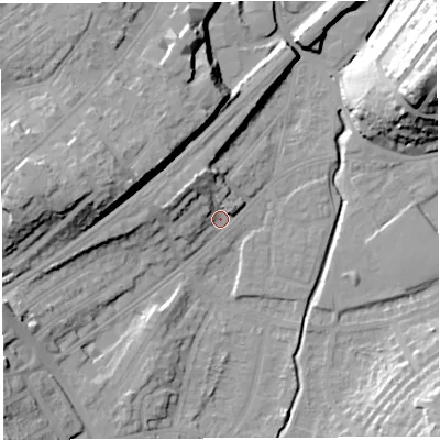 Shaded relief map of the ground around BS35NY, computed from Environment Agency LiDAR. The ground here sits at about 12 m above sea level and falls 31 m across the surrounding 800 m. Surface water reaching this point runs off ground lying to the west-south-west, 13.8 m higher.
