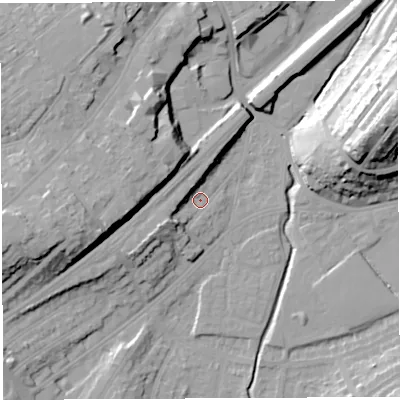Shaded relief map of the ground around BS35NZ, computed from Environment Agency LiDAR. The ground here sits at about 12 m above sea level and falls 33 m across the surrounding 800 m. Surface water reaching this point runs off ground lying to the west-south-west, 7.8 m higher.