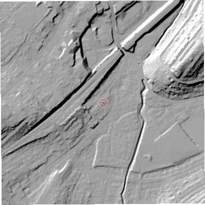 Shaded relief map of the ground around BS35PA, computed from Environment Agency LiDAR. The ground here sits at about 13 m above sea level and falls 33 m across the surrounding 800 m. Surface water reaching this point runs off ground lying to the west-south-west, 7.6 m higher.