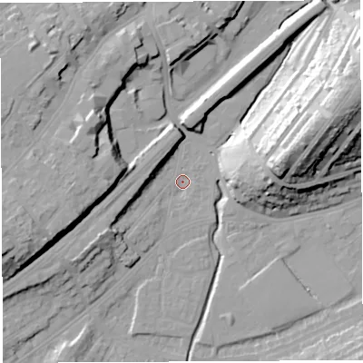 Shaded relief map of the ground around BS35PB, computed from Environment Agency LiDAR. The ground here sits at about 10 m above sea level and falls 33 m across the surrounding 800 m. Surface water reaching this point runs off ground lying to the west-south-west, 10.8 m higher.