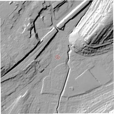 Shaded relief map of the ground around BS35PD, computed from Environment Agency LiDAR. The ground here sits at about 11 m above sea level and falls 33 m across the surrounding 800 m. Surface water reaching this point runs off ground lying to the west-south-west, 9.7 m higher.