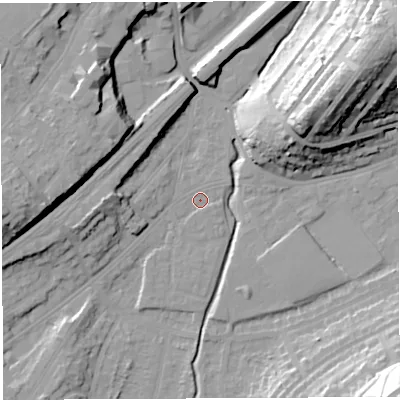 Shaded relief map of the ground around BS35PE, computed from Environment Agency LiDAR. The ground here sits at about 11 m above sea level and falls 35 m across the surrounding 800 m. Surface water reaching this point runs off ground lying to the south-south-west, 0.9 m higher.