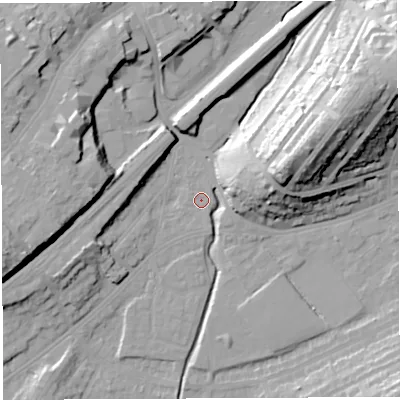 Shaded relief map of the ground around BS35PF, computed from Environment Agency LiDAR. The ground here sits at about 11 m above sea level and falls 33 m across the surrounding 800 m. Surface water reaching this point runs off ground lying to the east-north-east, 32.7 m higher.