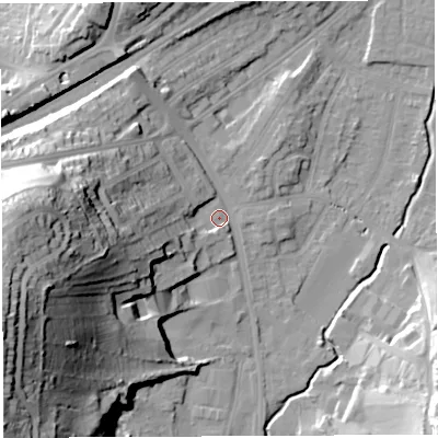 Shaded relief map of the ground around BS35QH, computed from Environment Agency LiDAR. The ground here sits at about 15 m above sea level and falls 57 m across the surrounding 800 m. Surface water reaching this point runs off ground lying to the west-south-west, 51.6 m higher.