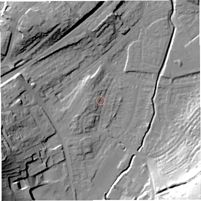 Shaded relief map of the ground around BS35QL, computed from Environment Agency LiDAR. The ground here sits at about 13 m above sea level and falls 53 m across the surrounding 800 m. Surface water reaching this point runs off ground lying to the west-south-west, 4.4 m higher.