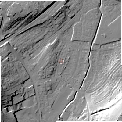 Shaded relief map of the ground around BS35QN, computed from Environment Agency LiDAR. The ground here sits at about 13 m above sea level and falls 54 m across the surrounding 800 m. Surface water reaching this point runs off ground lying to the west, 4.3 m higher.