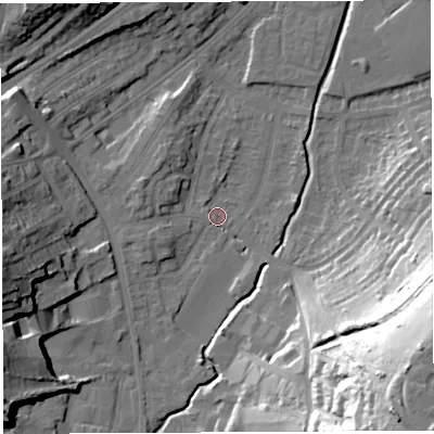 Shaded relief map of the ground around BS35QP, computed from Environment Agency LiDAR. The ground here sits at about 12 m above sea level and falls 56 m across the surrounding 800 m. Surface water reaching this point runs off ground lying to the west-south-west, 4.7 m higher.