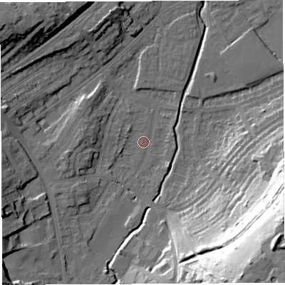 Shaded relief map of the ground around BS35QR, computed from Environment Agency LiDAR. The ground here sits at about 11 m above sea level and falls 55 m across the surrounding 800 m. Surface water reaching this point runs off ground lying to the south-south-east, 21.7 m higher.