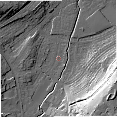 Shaded relief map of the ground around BS35QS, computed from Environment Agency LiDAR. The ground here sits at about 11 m above sea level and falls 55 m across the surrounding 800 m. Surface water reaching this point runs off ground lying to the south-south-east, 25.7 m higher.