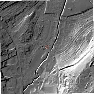 Shaded relief map of the ground around BS35QT, computed from Environment Agency LiDAR. The ground here sits at about 12 m above sea level and falls 62 m across the surrounding 800 m. Surface water reaching this point runs off ground lying to the south-east, 60.1 m higher.