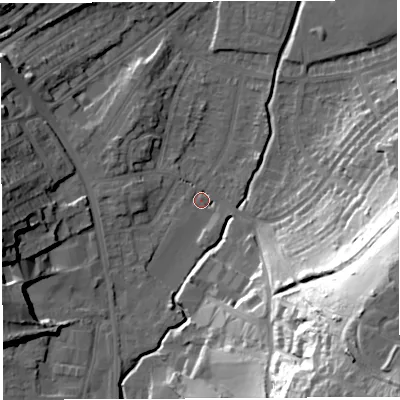 Shaded relief map of the ground around BS35RB, computed from Environment Agency LiDAR. The ground here sits at about 12 m above sea level and falls 59 m across the surrounding 800 m. Surface water reaching this point runs off ground lying to the south-east, 57.2 m higher.