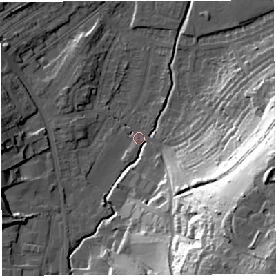 Shaded relief map of the ground around BS35RD, computed from Environment Agency LiDAR. The ground here sits at about 12 m above sea level and falls 62 m across the surrounding 800 m. Surface water reaching this point runs off ground lying to the south-east, 60.2 m higher.