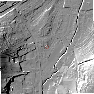 Shaded relief map of the ground around BS35RE, computed from Environment Agency LiDAR. The ground here sits at about 13 m above sea level and falls 52 m across the surrounding 800 m. Surface water reaching this point runs off ground lying to the north-west, 3.7 m higher.