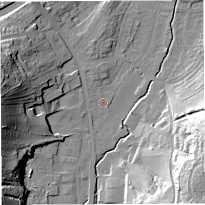 Shaded relief map of the ground around BS35RG, computed from Environment Agency LiDAR. The ground here sits at about 14 m above sea level and falls 51 m across the surrounding 800 m. Surface water reaching this point runs off ground lying to the west, 38.4 m higher.
