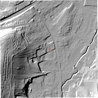 Shaded relief map of the ground around BS35RH, computed from Environment Agency LiDAR. The ground here sits at about 17 m above sea level and falls 57 m across the surrounding 800 m. Surface water reaching this point runs off ground lying to the west, 28.2 m higher.