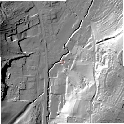 Shaded relief map of the ground around BS35RN, computed from Environment Agency LiDAR. The ground here sits at about 15 m above sea level and falls 58 m across the surrounding 800 m. Surface water reaching this point runs off ground lying to the east-south-east, 55.3 m higher.