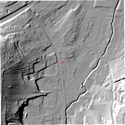 Shaded relief map of the ground around BS35RQ, computed from Environment Agency LiDAR. The ground here sits at about 14 m above sea level and falls 50 m across the surrounding 800 m. Surface water reaching this point runs off ground lying to the north-north-east, 2.1 m higher.