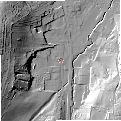 Shaded relief map of the ground around BS35RU, computed from Environment Agency LiDAR. The ground here sits at about 16 m above sea level and falls 56 m across the surrounding 800 m. Surface water reaching this point runs off ground lying to the west-north-west, 14.9 m higher.