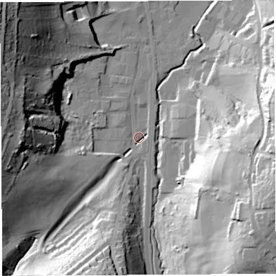 Shaded relief map of the ground around BS35RZ, computed from Environment Agency LiDAR. The ground here sits at about 15 m above sea level and falls 52 m across the surrounding 800 m. Surface water reaching this point runs off ground lying to the south-south-west, 33.6 m higher.