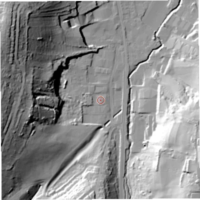 Shaded relief map of the ground around BS35SA, computed from Environment Agency LiDAR. The ground here sits at about 17 m above sea level and falls 56 m across the surrounding 800 m. Surface water reaching this point runs off ground lying to the west-north-west, 50.4 m higher.