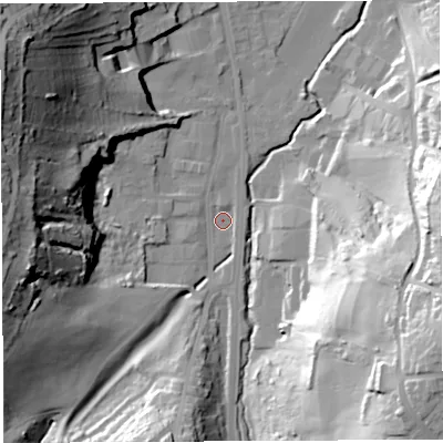 Shaded relief map of the ground around BS35SD, computed from Environment Agency LiDAR. The ground here sits at about 15 m above sea level and falls 53 m across the surrounding 800 m. Surface water reaching this point runs off ground lying to the west-north-west, 41.3 m higher.