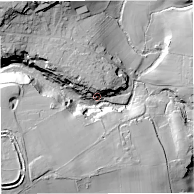 Shaded relief map of the ground around BS361AA, computed from Environment Agency LiDAR. The ground here sits at about 43 m above sea level and falls 44 m across the surrounding 800 m. Surface water reaching this point runs off ground lying to the south-south-west, 27.8 m higher.
