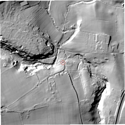 Shaded relief map of the ground around BS361AB, computed from Environment Agency LiDAR. The ground here sits at about 41 m above sea level and falls 32 m across the surrounding 800 m. Surface water reaching this point runs off ground lying to the south-south-west, 23.7 m higher.