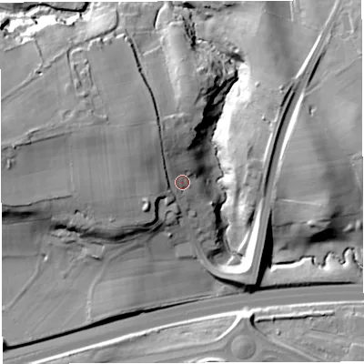 Shaded relief map of the ground around BS361AG, computed from Environment Agency LiDAR. The ground here sits at about 51 m above sea level and falls 28 m across the surrounding 800 m. Surface water reaching this point runs off ground lying to the west-north-west, 11.6 m higher.