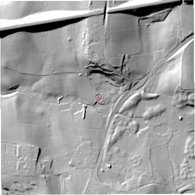 Shaded relief map of the ground around BS361AP, computed from Environment Agency LiDAR. The ground here sits at about 46 m above sea level and falls 34 m across the surrounding 800 m. Surface water reaching this point runs off ground lying to the north-north-west, 2.1 m higher.