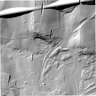 Shaded relief map of the ground around BS361AW, computed from Environment Agency LiDAR. The ground here sits at about 46 m above sea level and falls 32 m across the surrounding 800 m. Surface water reaching this point runs off ground lying to the north, 12.4 m higher.