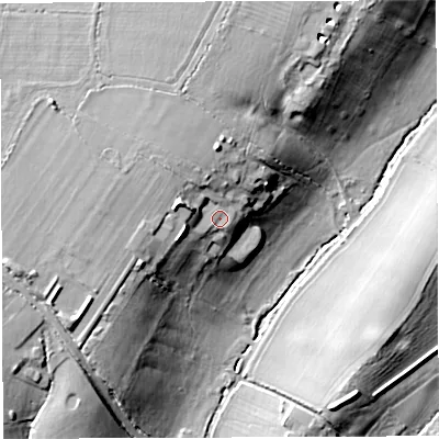 Shaded relief map of the ground around BS361RP, computed from Environment Agency LiDAR. The ground here sits at about 57 m above sea level and falls 20 m across the surrounding 800 m. Surface water reaching this point runs off ground lying to the north-west, 5.2 m higher.