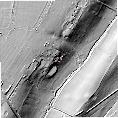 Shaded relief map of the ground around BS361RR, computed from Environment Agency LiDAR. The ground here sits at about 55 m above sea level and falls 20 m across the surrounding 800 m. Surface water reaching this point runs off ground lying to the north-west, 7.9 m higher.