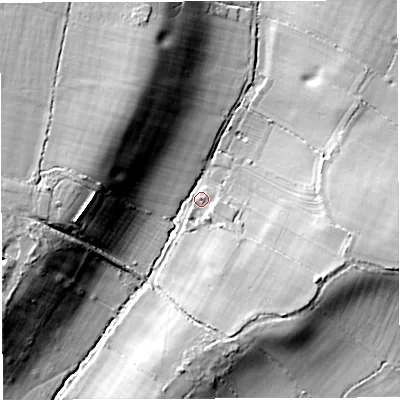 Shaded relief map of the ground around BS361RT, computed from Environment Agency LiDAR. The ground here sits at about 49 m above sea level and falls 18 m across the surrounding 800 m. Surface water reaching this point runs off ground lying to the north-north-west, 16.0 m higher.