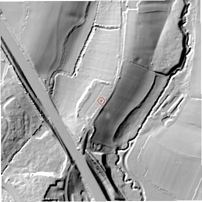 Shaded relief map of the ground around BS361RZ, computed from Environment Agency LiDAR. The ground here sits at about 57 m above sea level and falls 26 m across the surrounding 800 m. Surface water reaching this point runs off ground lying to the south-south-west, 1.9 m higher.