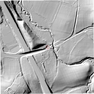 Shaded relief map of the ground around BS361SB, computed from Environment Agency LiDAR. The ground here sits at about 41 m above sea level and falls 35 m across the surrounding 800 m. Surface water reaching this point runs off ground lying to the south-west, 31.4 m higher.