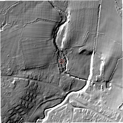 Shaded relief map of the ground around BS362AA, computed from Environment Agency LiDAR. The ground here sits at about 43 m above sea level and falls 25 m across the surrounding 800 m. Surface water reaching this point runs off ground lying to the west, 9.8 m higher.