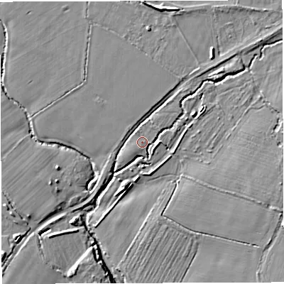 Shaded relief map of the ground around BS362AP, computed from Environment Agency LiDAR. The ground here sits at about 50 m above sea level and falls 10 m across the surrounding 800 m. Surface water reaching this point runs off ground lying to the east, 4.6 m higher.
