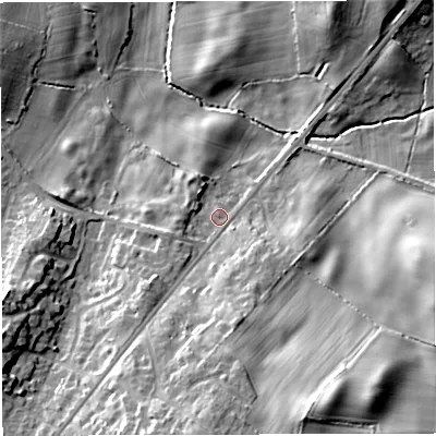 Shaded relief map of the ground around BS362NL, computed from Environment Agency LiDAR. The ground here sits at about 59 m above sea level and falls 20 m across the surrounding 800 m. Surface water reaching this point runs off ground lying to the south, 13.2 m higher.