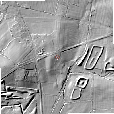 Shaded relief map of the ground around BS362UN, computed from Environment Agency LiDAR. The ground here sits at about 59 m above sea level and falls 20 m across the surrounding 800 m. Surface water reaching this point runs off ground lying to the west-north-west, 2.4 m higher.