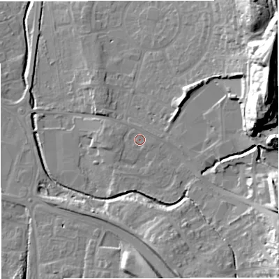 Shaded relief map of the ground around BS374AF, computed from Environment Agency LiDAR. The ground here sits at about 84 m above sea level and falls 36 m across the surrounding 800 m. Surface water reaching this point runs off ground lying to the east, 0.9 m higher.