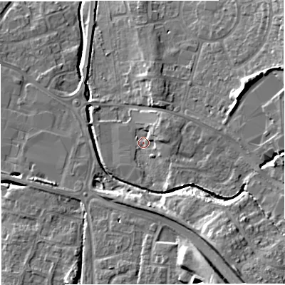 Shaded relief map of the ground around BS374AQ, computed from Environment Agency LiDAR. The ground here sits at about 82 m above sea level and falls 17 m across the surrounding 800 m. Surface water reaching this point runs off ground lying to the east, 3.9 m higher.